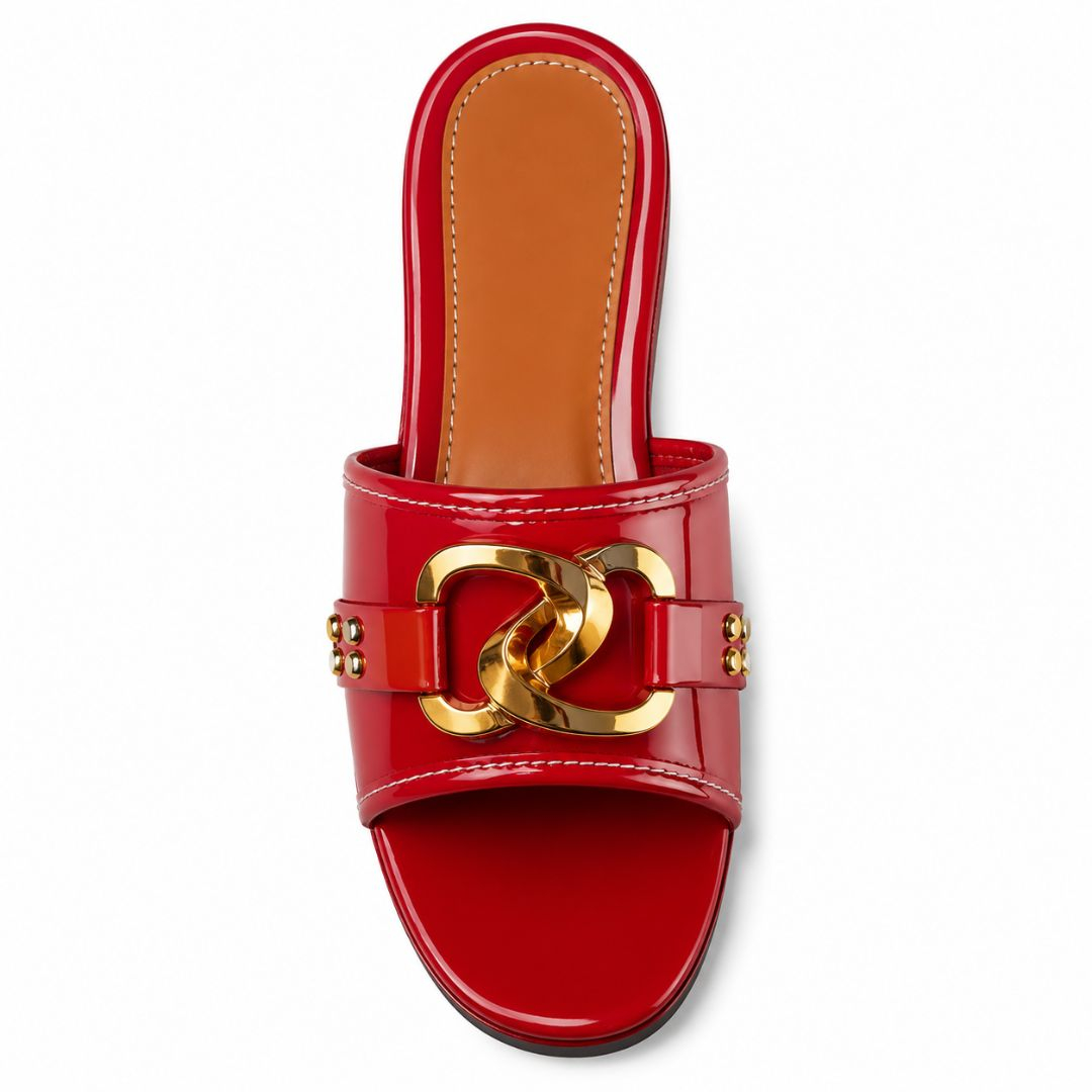 Womens Glossy Red Patent Embellished Wedge Slides